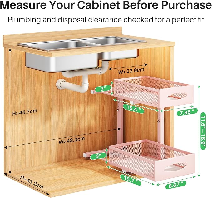 Under Sink Organizer, 2 Tier Pull out Cabinet Organizer Baskets with Mesh Sliding Drawers, Slide out Storage Shelf for Home, Kitchen, Bathroom, Pantry, Office Cabinet(1 Pack, Pink) - Image 2