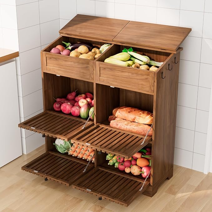 Potato Storage Bins, Fruit and Vegetable Storage, Kitchen Pantry Cabinet | Tall Large Potato and Onion Storage Bin, with 4 Doors, 3 Tier, Mid Century Modern, Wooden, Magnetic Flip top, Walnut - Image 8