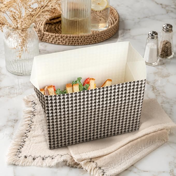 Restaurantware Bio Tek 80 Ounce To Go Boxes 400 Rectangle Take Out Food Containers - Fast Top Closure Disposable Black Houndstooth Paper Carry Out Containers For Burgers Or Fried Chicken - Image 3