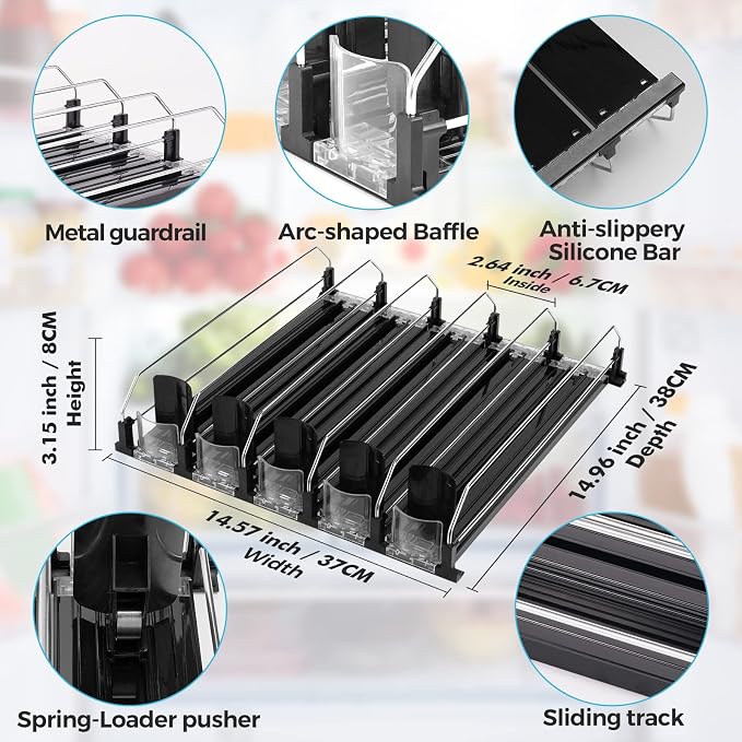 Drink Dispenser for Refrigerator, Self-Pushing Soda Can Organizer for Fridge, 5 Rows already Assembled, Automatic Can Dispenser with Spring Loaded for Refrigerator Holds 25 cans, Black - Image 6