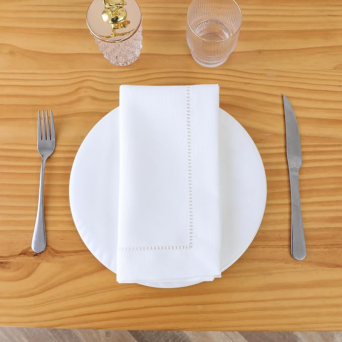 Majestic Giftware Set of 12 Polyester Napkins (NPK-HS) | White Hemstitch Trim Design Dinner Napkins Cloth | Linen Look Washable Cloth Napkins Set for Weddings, Banquets, or Restaurants (20" x 20") by MajesticGiftware