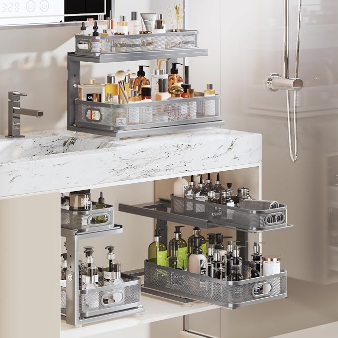 2 Pack 21IN-Depth Under Sink Organizer With Next-Gen Ball-Bearing Slides,2-Tier Precision Mesh Pull Out Cabinet Storage for Bathroom&Kitchen,Height Adjustable Drawers Shelf,Anti-rust-Grey - Image 7
