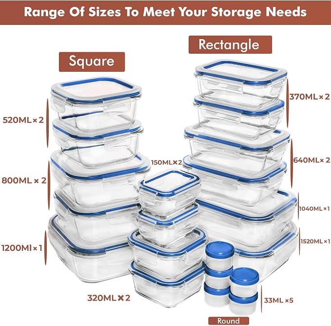 Razab 35 Pc Set Glass Food Storage Containers with Lids - Meal Prep Airtight Bento Boxes BPA-Free 100% Leak Proof (15 lids,15 glass & 5 Plastic Sauce/Dip Containers) - Image 2