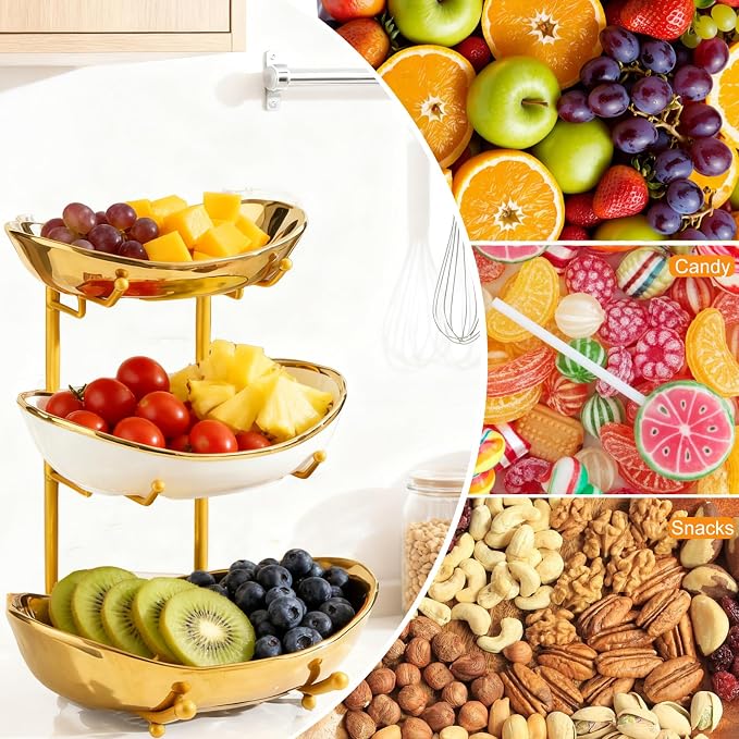 3 Tier Fruit Bowl for Kitchen Counter,Ceramic Bowl with Gold Metal Stand,3 Tier Fruit Basket for Vegetable Bread Candy Snack Nuts Dessert Cake Tray (Gold) - Image 3
