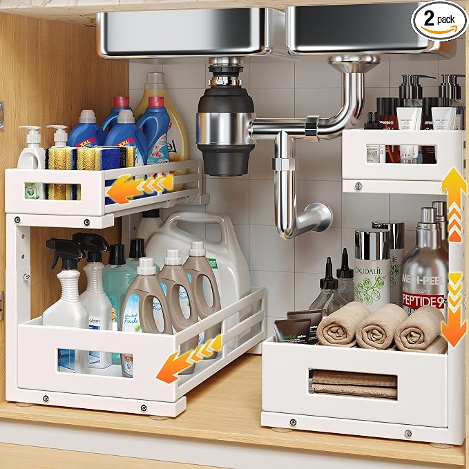 L-Shaped Metal Under Sink Organizer, 2-Tier Double Pull-Out Cabinet Organizer for Kitchen & Bathroom Storage, Height Adjustable, Smooth Cylinder Rail, White, 2 Packs by UnderSinkOrganizer