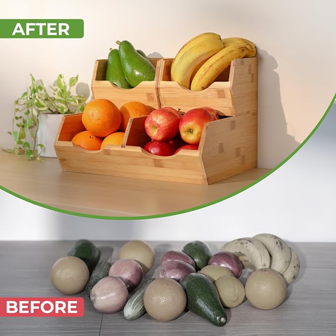 HOMESTEAD Bamboo Pantry Storage Bins – Stackable Potato & Onion Storage Bin for Kitchen Countertop, Pantry Organizer, Fruit Vegetable Basket, Multiuse - Set of 3 Slide-Out Access - Image 2