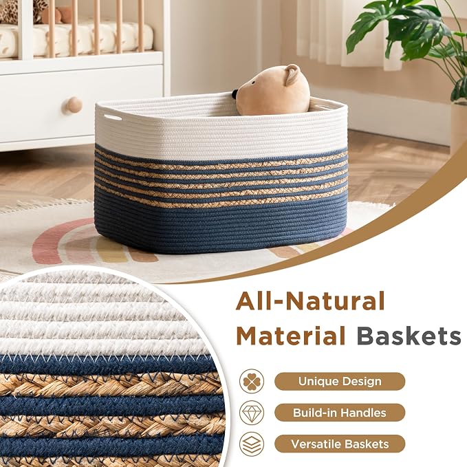 UBBCARE Blanket Basket, Large Rectangle Woven Storage Basket With Handles, Cotton Rope Toy Basket for Living Room, Nursery Baskets for Organizing, 22''L×17''W×12''H, Navy Blue - Image 3