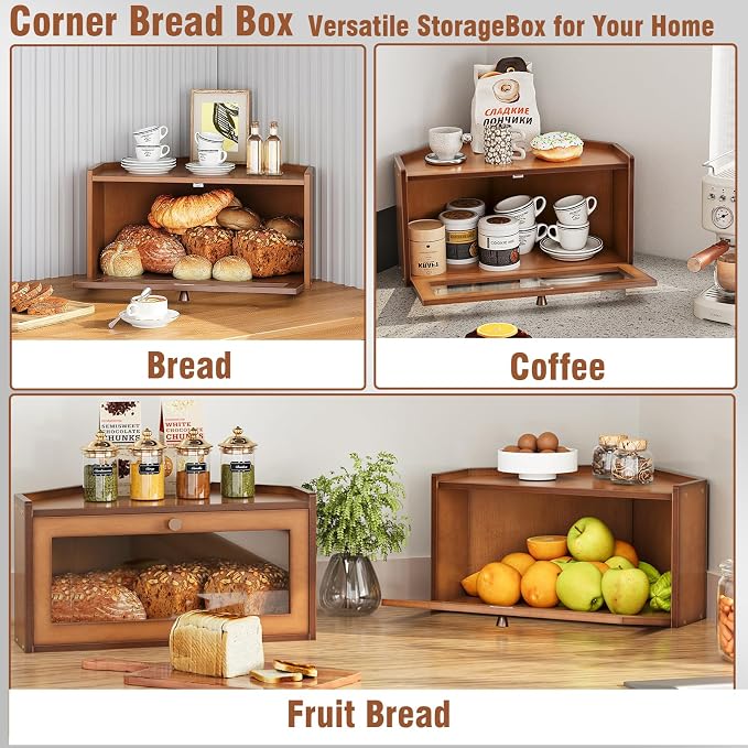 Trironsun Corner Bamboo Bread Box for Kitchen Counter Large Rustic Bread Storage Container with Acrylic Door Space-Saving Vintage Bread Keeper for Homemade Bread (Brown) - Image 8