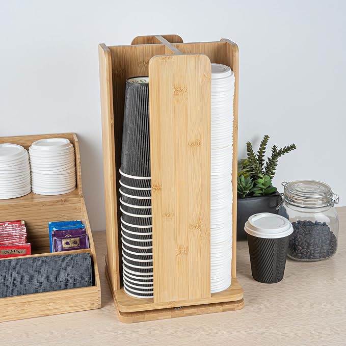 Restaurantware Restpresso 9 x 18 Inch Coffee Cup and Lid Organizer 1 Revolving Cup and Lid Holder - 4 Section Countertop Natural Bamboo Cup and Lid Dispenser For Restaurants Homes or Offices - Image 3