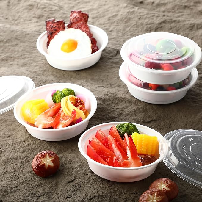 Nuenen 100 Pcs 16 oz Round Meal Prep Containers with Lids Plastic Containers Meal Prep Lunch Box Bowls Take out Food Storage Bento Box Microwavable Freezer Safe(White) - Image 6
