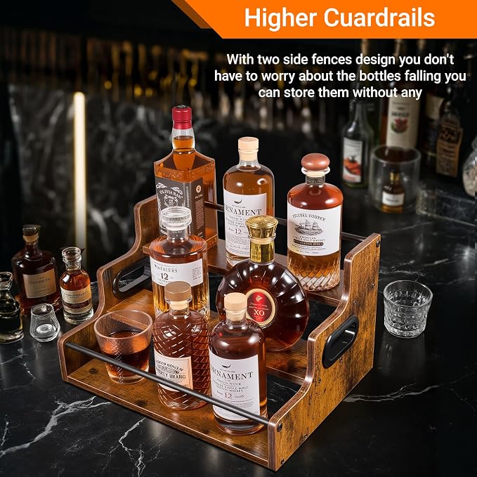 YQBRAO 3-Tier Liquor Bottle Display Shelf, 16-Inch, Rustic Brown | Holds up to 12 bottles with a compact footprint and raised rows for coffee syrups, spirits, kitchens, and home bars. - Image 8