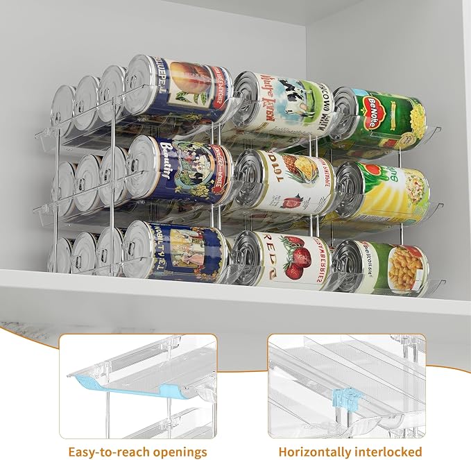 LXLXXL Can Organizer for Pantry Canned Food Storage Goods Holders 4 Tier | Automatic Rolling, Clear Acrylic Can Storage Rack, Sturdy and Stackable, for Fridge Cabinet Pantry Kitchen Desktop Storage - Image 3