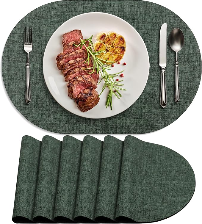 Placemats Set of 6 - Washable Heat Resistant Table Placemats - Wipeable Faux Leather Oval Place Mats, Waterproof Table Mats for Dining Table, Green by Delicateandelegantplacemats