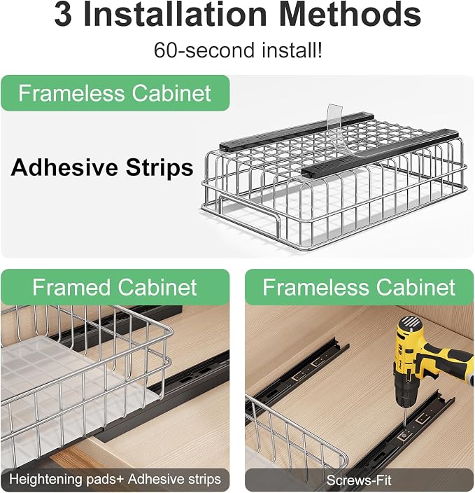 Pull out Cabinet Organizer, Stainless Steel 2-Pack Slide out Drawer with Silent Full-Extension Slides, Adhesive Roll out Can Spice Storage Basket Shelf Rack for Pantry, Kitchen, Bathroom, Home Closet - Image 7