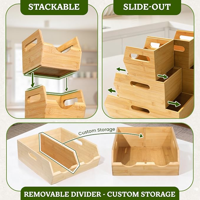 HOMESTEAD 3-Tier Bamboo Pantry Storage Bins – Stackable Potato & Onion Storage Bin with Handles, Fruit Basket & Produce Organizer for Kitchen Countertop, Pantry Organization, Set of 5 - Image 4
