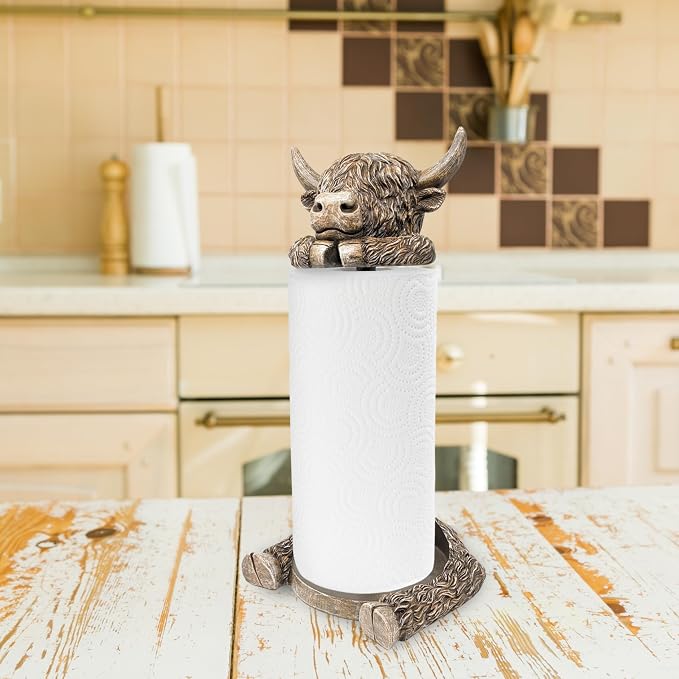 Rustic Highland Cow Paper Towel Holder - Resin Metal Farmhouse Decor Stand | Unique country-style kitchen/dining countertop organizer, adorable animal figurine display, ideal gift, fits standard rolls - Image 5