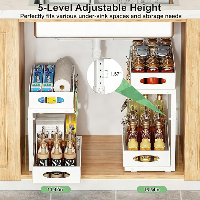 2-Pack Under Sink Organizer, 2-Tier Pull Out Cabinet Storage, White | Rustproof Carbon Steel, Mesh Sliding Drawers, 5-Level Height Adjustable to Bypass Pipes, for Kitchen, Bathroom, Laundry - Image 5