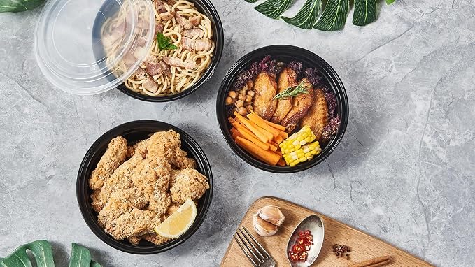 Jaluxing 24 oz 150 ct Round Meal Prep Food Storage Containers with Lids To Go Plastic Lunch Plan Box Disposable Take Out Bowls Black BPA Free Durable Stackable Microwave Freezer Safe (Formerly FULING) - Image 6