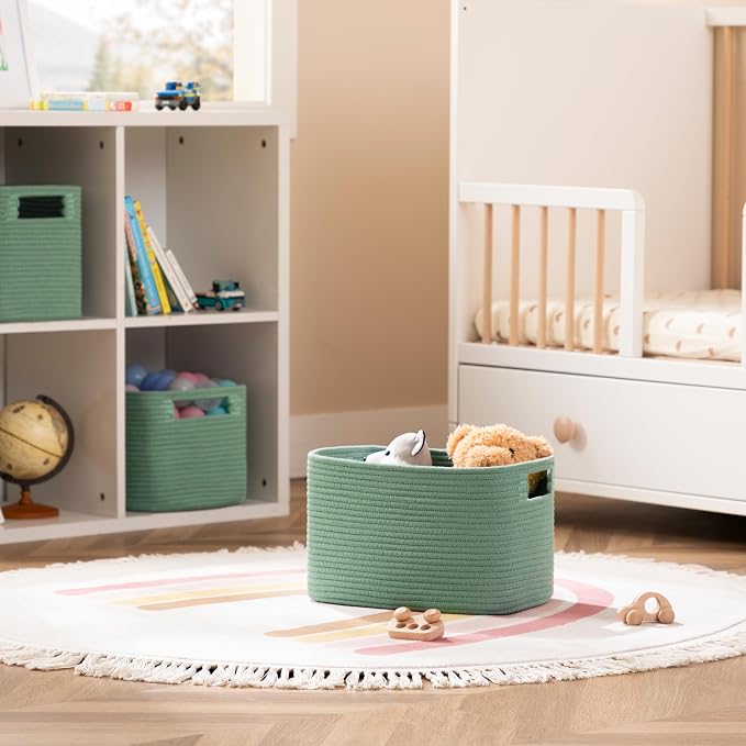 4 Pack Storage Baskets for Organizing, Shelf Baskets with Handles, Green | 14.5"Lx9.8"Wx9"H, Woven Basket, Cotton Rope Basket, Toy Storage, Cube Shelf, Gift Baskets Empty, Home Decor - Image 2