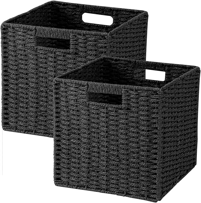 Patvingot 11-Inch Paper Rope Wicker Basket with Built-In Handles,2 Pack | For books, throws and accessories on open shelves, decorative woven texture, metal frame supports the shape, folds flat by Patvingot