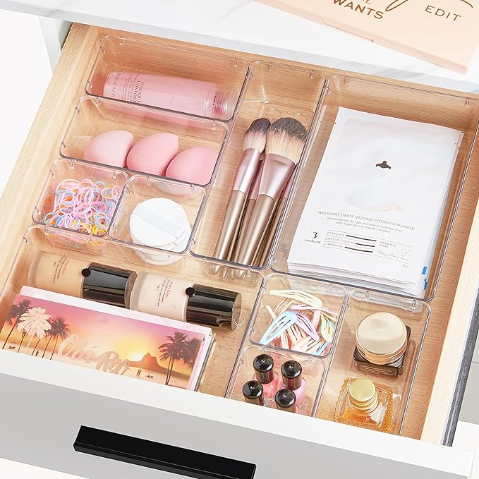 Vtopmart 15 PCS Clear Plastic Drawer Organizers Set, Vanity Organizer Trays | 4-Size Versatile Makeup Organizer, Non-Slip Storage Containers for Makeup, Jewelries, Bedroom，Kitchen Utensils and Office - Image 4