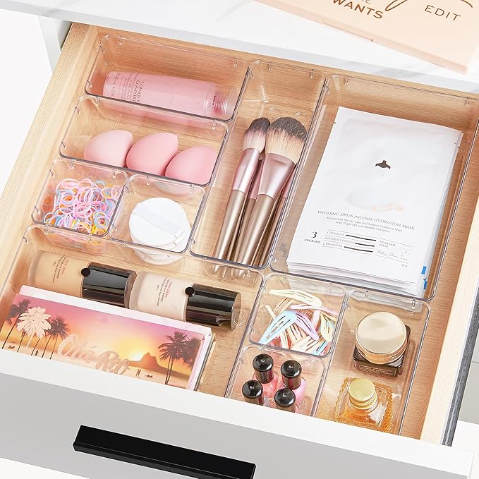 Vtopmart 28 PCS Clear Plastic Drawer Organizers Set, 4-Size Bathroom and Vanity Drawer Organizer Trays, Acrylic Storage Bins for Toiletries, Makeup, Cosmetic, Kitchen Utensils, Tool, Gadgets - Image 3