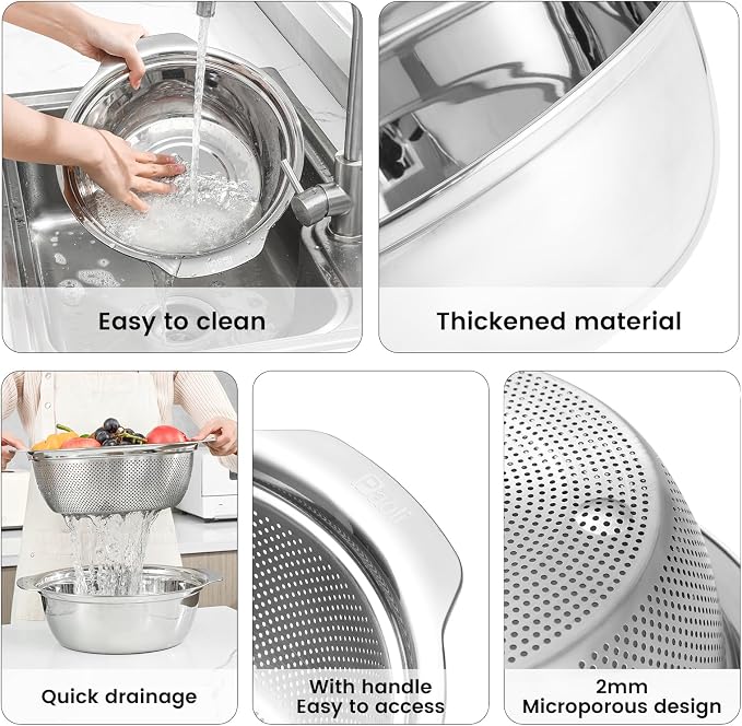 Paoli 304 Stainless Steel Fine Mesh Colander Set, 4QT Large Capacity Strainer with Mixing Bowl — Rinse Fruits, Veggies, Rice & Drain Pasta, Dishwasher Safe (2-Piece) - Image 5