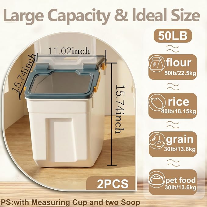 RUIAN 2Pcs Large Flour Storage Container Bin 50Lb Airtight Rice Storage Containers with Wheels Seal Locking Lid, BPA Free with Measuring Cup&Scoop for Flour, Rice, Grain 100LBS Total (Blue) - Image 2