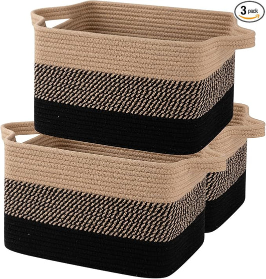 OIAHOMY Storage Basket, Woven Baskets for Storage, Cotton Rope Basket for toys,Towel Baskets for Bathroom - Pack of 3, Black & Brown by MasterofSpaceOptimization
