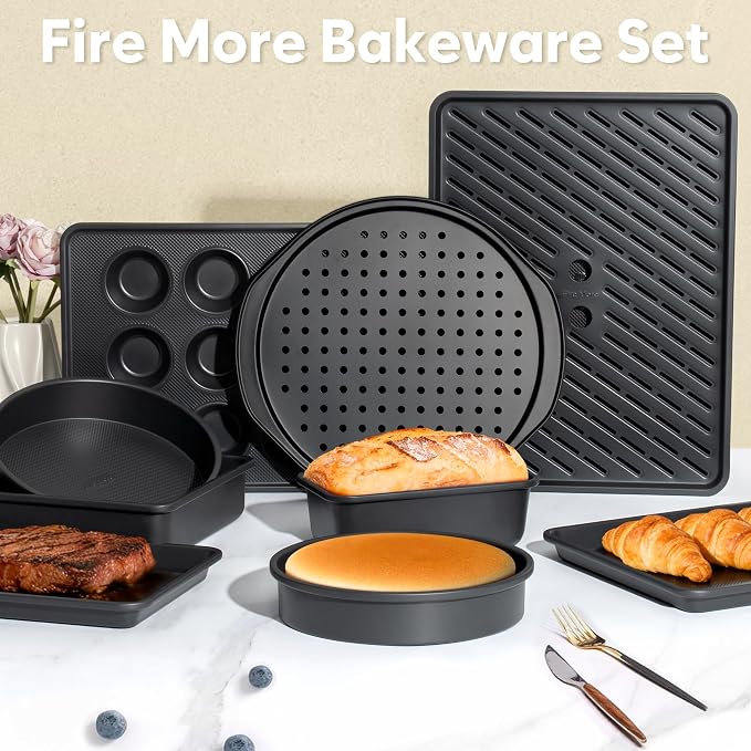 10-Piece Nonstick Bakeware Set, 0.8MM Thick Carbon Steel Baking Pan Set for Oven with Cookie Sheet, Muffin Pan, Pizza Pan, Loaf Pan and Cooling Rack, Stackable Kitchen Baking Set, PFOA/PTFE Free - Image 8