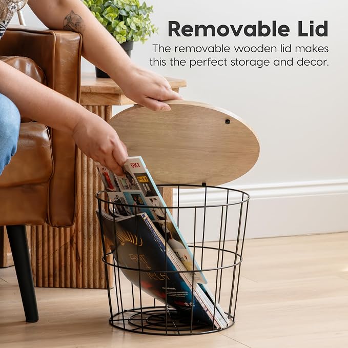 IRIS USA Round Wire Basket with Wooden Lid, 2 Pack | Living Room Bathroom Kitchen Storage, Water Resistant Surface - Image 6