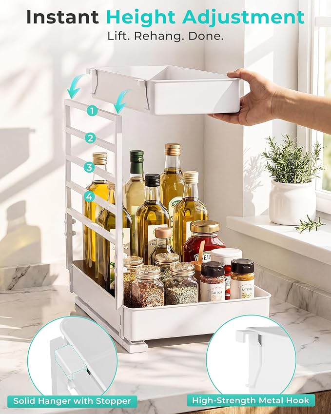EVERIE Height Adjustable 2 Tier Metal Pull Out Slide Shelf Organizer for Framed or Frameless Under Sink Cabinets in Kitchen, Bathroom, with Snap-on Top Tray (White, 2 Sets) - Image 3