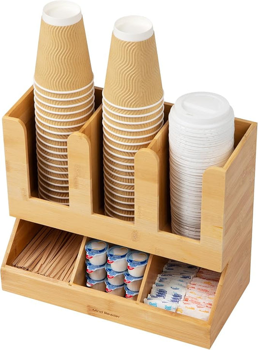 Mind Reader Cup and Condiment Station, Countertop Organizer, Coffee Bar, Kitchen, Bamboo, 13.625"L x 6.75"W x 11.5"H, Brown by MindReader
