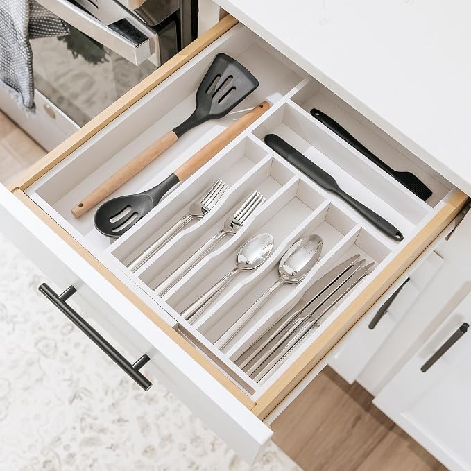 Silverware & Utensil Drawer Organizer, 10.5-19 in, White Bamboo | Cutlery, flatware, food-safe contract grade, kitchen drawer fit - Image 6