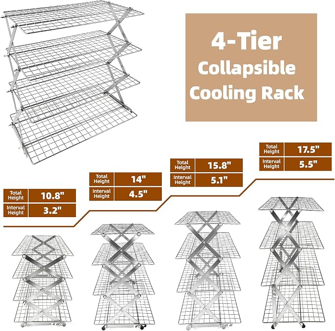 4 Tier Collapsible Cooling Rack Sourdough Cooling Rack 17"x10" | Cooling Racks for Cooking and Baking, Roasting, Grilling, Adjustable 6 Setting Design stackable, Oven & Dishwasher Safe - Image 3