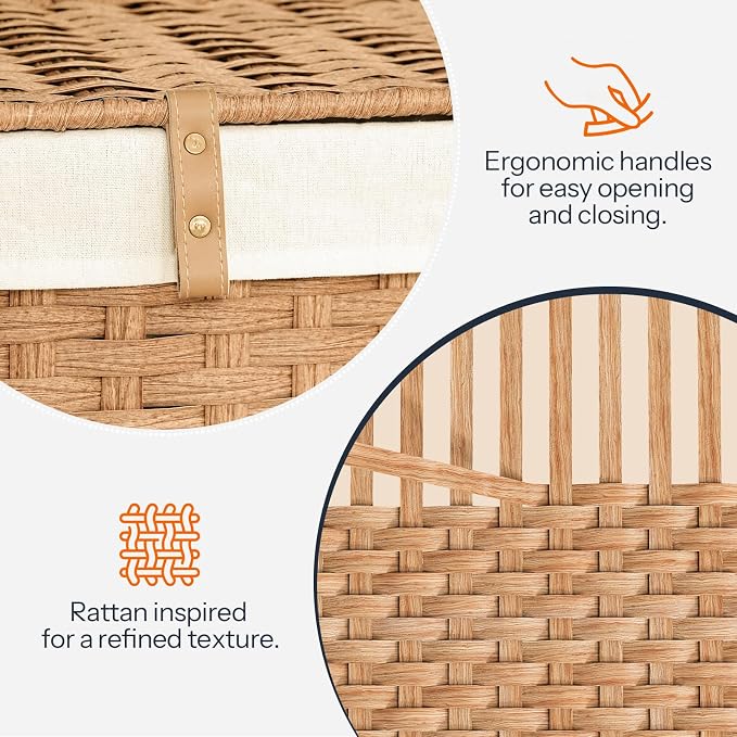 HOOBRO Storage Basket with Lid, 17.2 Gallon (65L) Wicker Basket, Handwoven Blanket Storage Basket with Handles, Metal Frame and Soft Lining, Foldable for Bedroom, Laundry Room, Natural NL265CW01 - Image 6