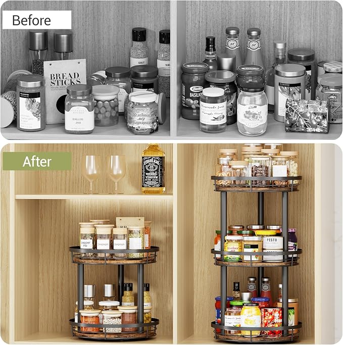 LAMU 12'' Wood Lazy Susan Spice Rack Organizer, 2 Tier Spice Organization for Cabinet, Countertop, Kitchen, Table Top, Pantry, Condiment and Seasoning Rack Organizer - Image 6