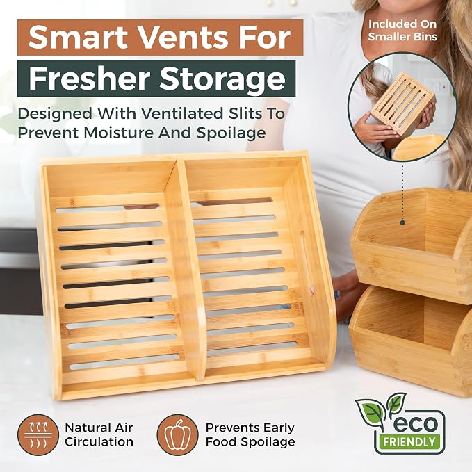 Potato and Onion Storage Bin for Pantry and Kitchen Counter - Ventilated Stackable Bamboo Organizer Baskets with Handles - Image 3