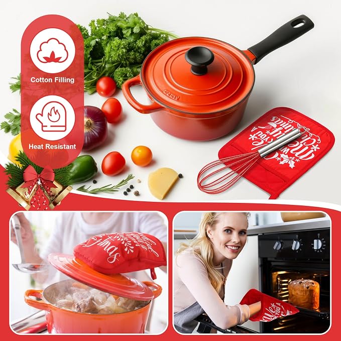 LemonRoad 12 Sets Christmas Whisk Baking Gift Set Xmas Silicone Whisks Oven Mitt Pot Holder Greeting Cards Ribbon Bags for Holiday Kitchen Utensils Cooking Supplies Neighbor Gift(Classic,Red) - Image 6