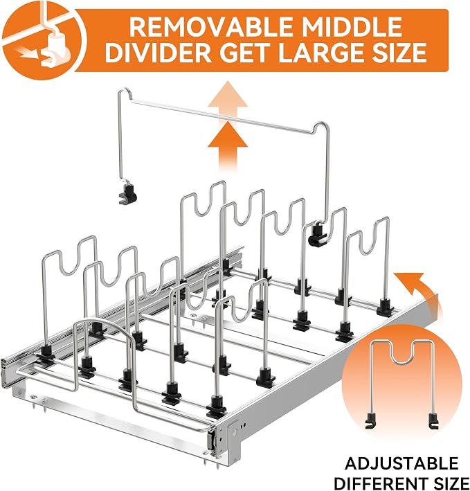 Pull Out Pots and Pans Organizer Under Cabinet, Sliding Adjustable Pot Rack with 11 Adjustable Dividers, Chromeplating Pot and Pan Holder Rack, Full-Extension Rail 15" W X 22" D - Image 6