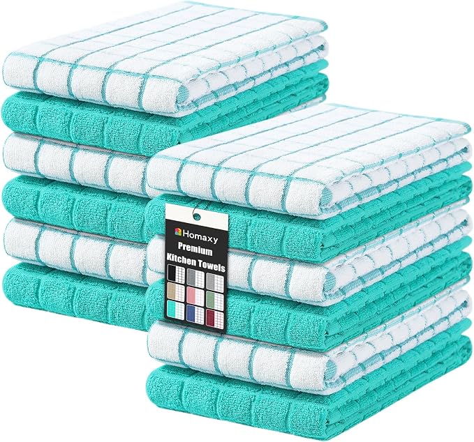 Homaxy Large Premium Cotton Kitchen Towels 16"x 28", 12 Pack, Aqua | Natural Ring Spun 390 GSM Dish Towels, Super Absorbent Terry Kitchen Hand Towels, Soft Tea Towels with Hanging Loop by Homaxy