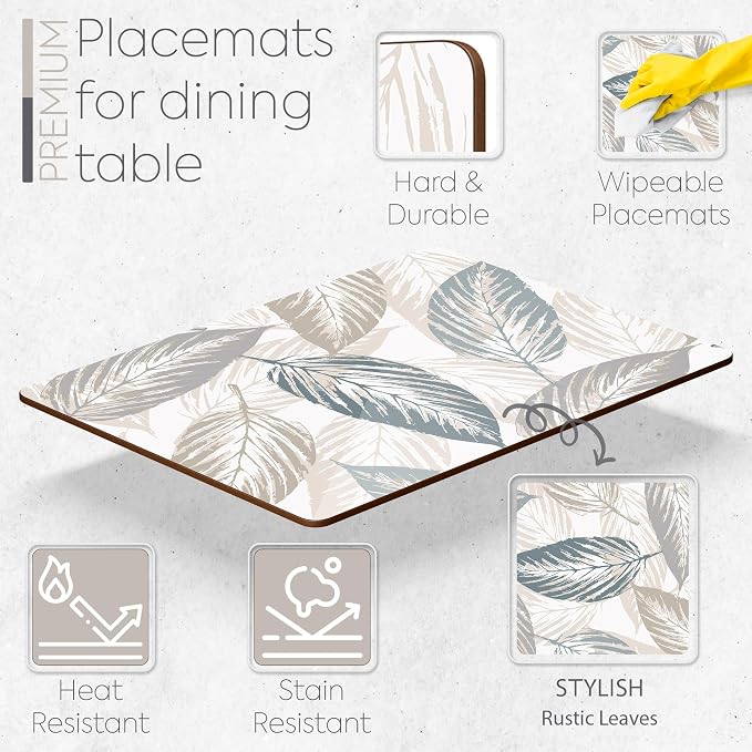 Set of 4 Heat Resistant Cork Placemats for Dining Table with Free Set of 4 Matching Drink Coasters Marble Design 16 x 12 Inches Cork Backed Hard Placemats (Farmhouse Rustic Leaves) - Image 2