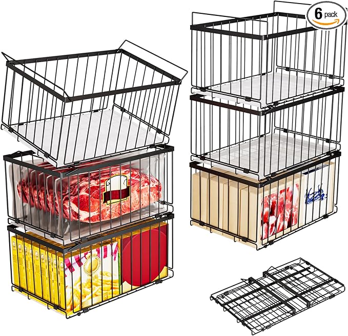 Large Freezer Organizer Bins for 5 to 9 Cu.Ft,Quick Expand/Collapse,6PACK | Freezer Organizer Bins, Stackable,foldable,With handle Wire Storage Container Baskets for Sort Frozen Meats,Leak-Proof Liner by ANJUBAN