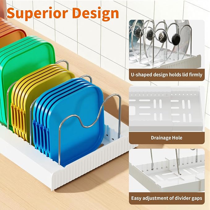 Antigo 2 Pack Expandable Pots and Pans Organizer, lid organizer | 9 Adjustable Stainless Steel Dividers，For Kitchen Countertop Cabinet and Pantry, For Food Container lid, 12.6"-22.4" Wide - Image 7