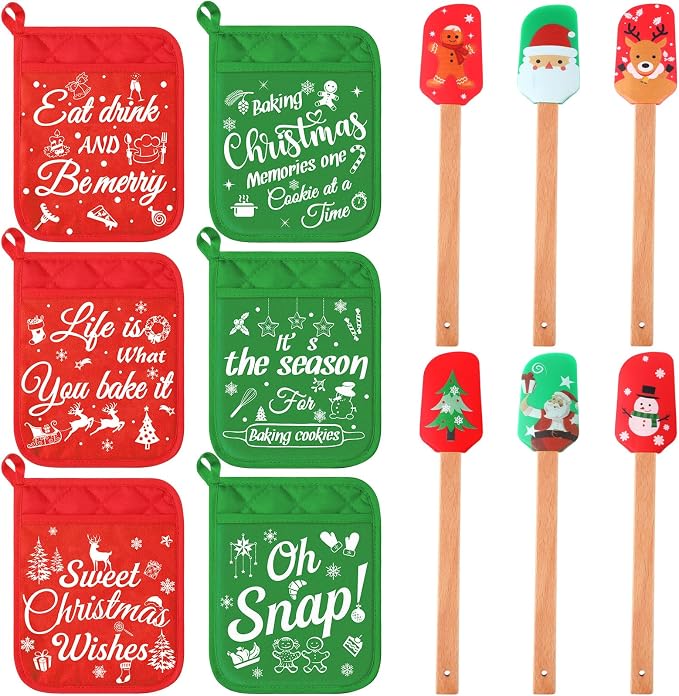 Yaomiao 12 Pcs Christmas Pot Holders with Silicone Spatula Set Wooden Handles Pot Holders for Christmas Kitchen Utensils xmas Baking Gifts for Neighbor Cooking Essentials(Cute) by Yaomiao