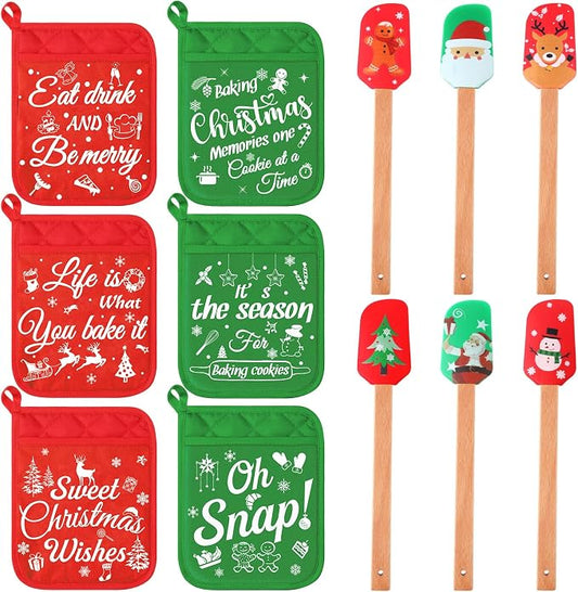 Yaomiao 12 Pcs Christmas Pot Holders with Silicone Spatula Set Wooden Handles Pot Holders for Christmas Kitchen Utensils xmas Baking Gifts for Neighbor Cooking Essentials(Cute) by Yaomiao