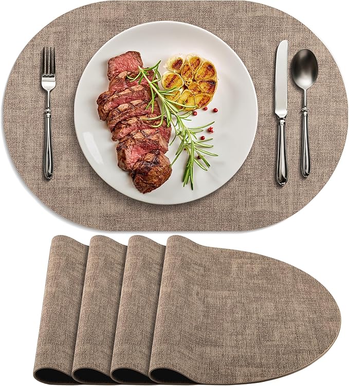 Placemats Set of 4 Non-Slip, Heat Resistant Oval Faux Leather Place mats Double Layer, Waterproof Table Mats Easy to Clean for Kitchen Dining Room Coffee Office Table, Apricot by Delicateandelegantplacemats
