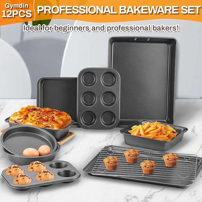 12PCS Nonstick Bakeware Set, Non-Toxic Carbon Steel Baking Pans Set with Wider Grip, Includes Roasting Pan, Cookie Sheet, Cake Pans, Muffin Pans, Cooling Rack, Oven Mitts, Easy Release - Image 4