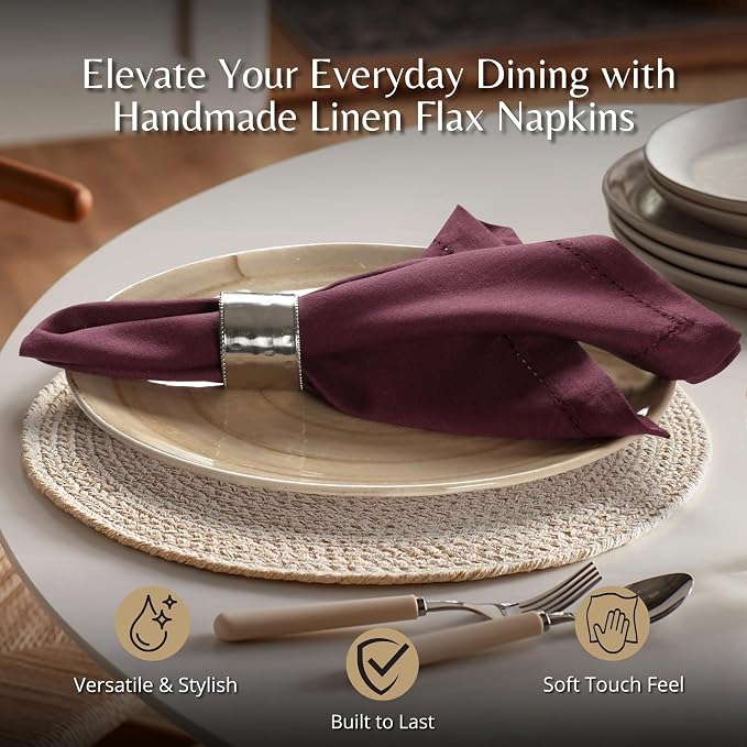 Ramanta Home Burgundy Cloth Dinner Napkin Set of 12-18x18 Inch | Cotton Linen Flax Hemstitched Napkins Washable for Everyday Use - Image 2