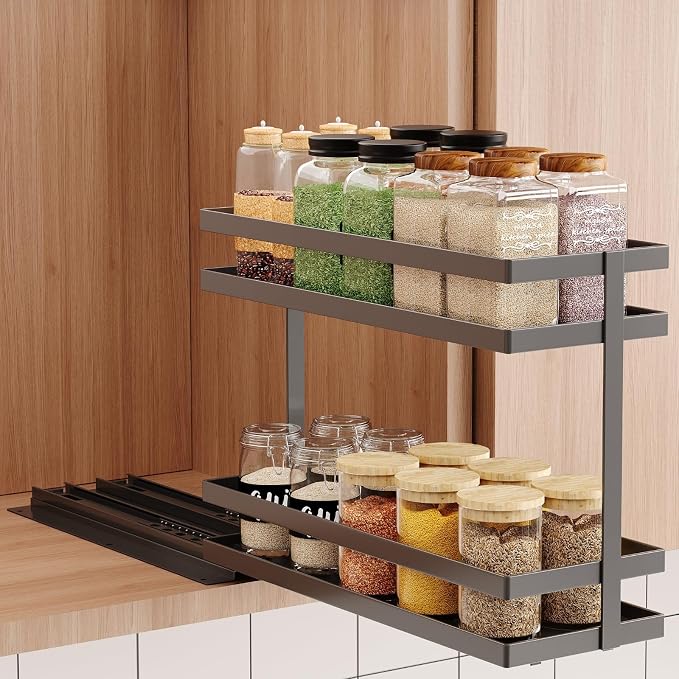 Mustorn Pull Out Spice Rack Organizer for Cabinet, 2 Tier Metal Slide Out Seasoning Organizer and Storage Heavy Duty Vertical Spice Rack Shelf Pullout for Kitchen Cabinets No Drilling(1 Pack, Black) by MUSTORN